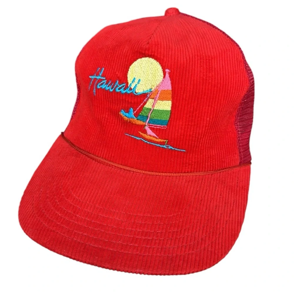 NWOT 80's Vintage Hawaii Sailboat Red Rainbow Corduroy SnapBack Trucker Hat Cap